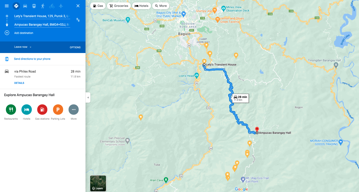 The Streetmap from Lety's Transient Homes to Ampucao showing the way and distance to the registration area at the Ampucao Barangay Hall. 