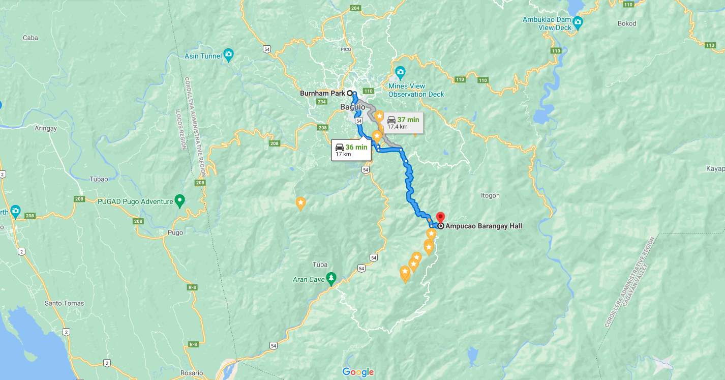 Google street map showing the direction from the mountain town Baguio City to the Ampucao Barangay Hall.   