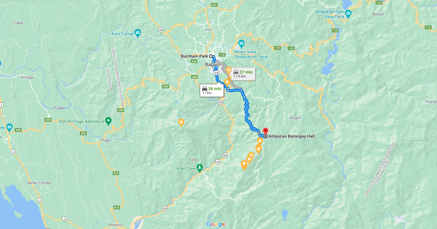 Mt. Ulap, A road map showing the route from Baguio City to the Ampucao ca. 40 min by car. 